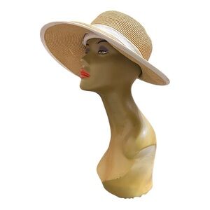 Capelli of New York Tan and White Wide-Brimmed Sun Hat with Velcro head band